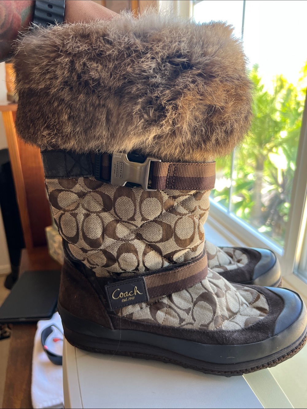 Coach Brown Signature Canvas Faux-Fur Cuff Winter Boots